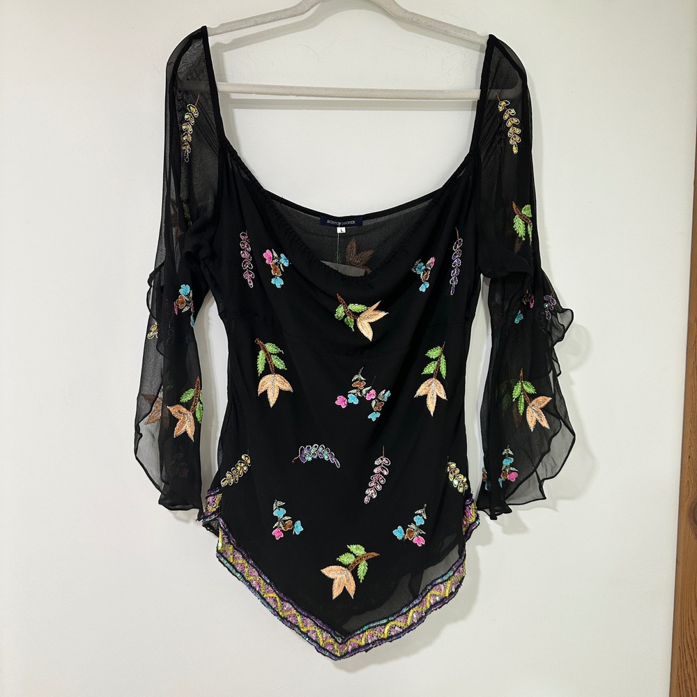 Boston Proper Silk Blouse Women L Black Embroidered Sequin Beaded Handkerchief